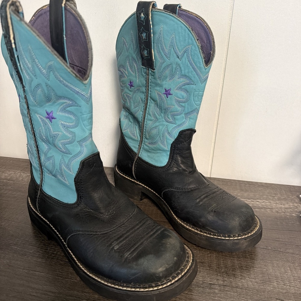 Women's Ariat Size 7B Turquoise Black Western Leather Cowboy Boots